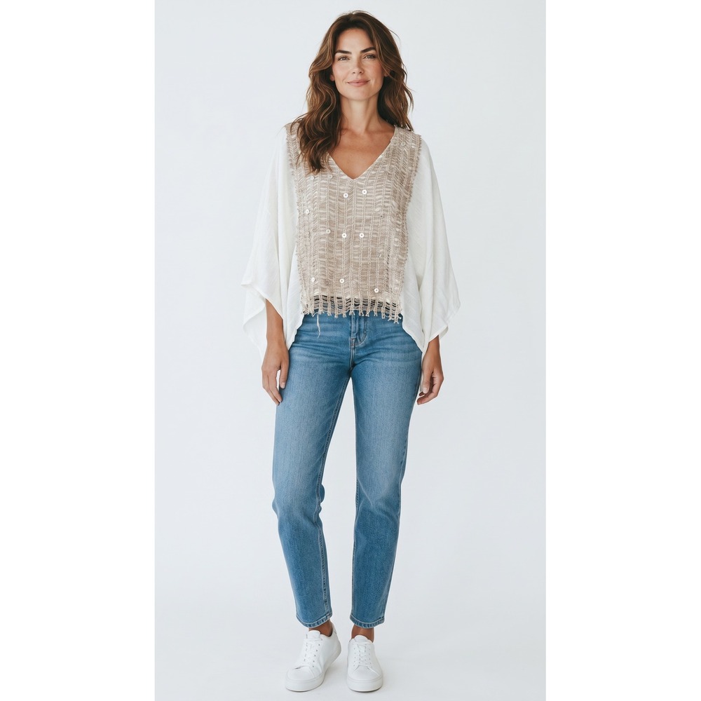 POL Clothing Boho Mixed Media Sequin Kimono Sleeve Top Cream Tan Large